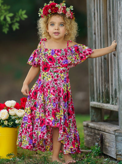 Kids Spring Clothes | Floral Ruffle Bib Cold Shoulder Hi-Lo Sundress