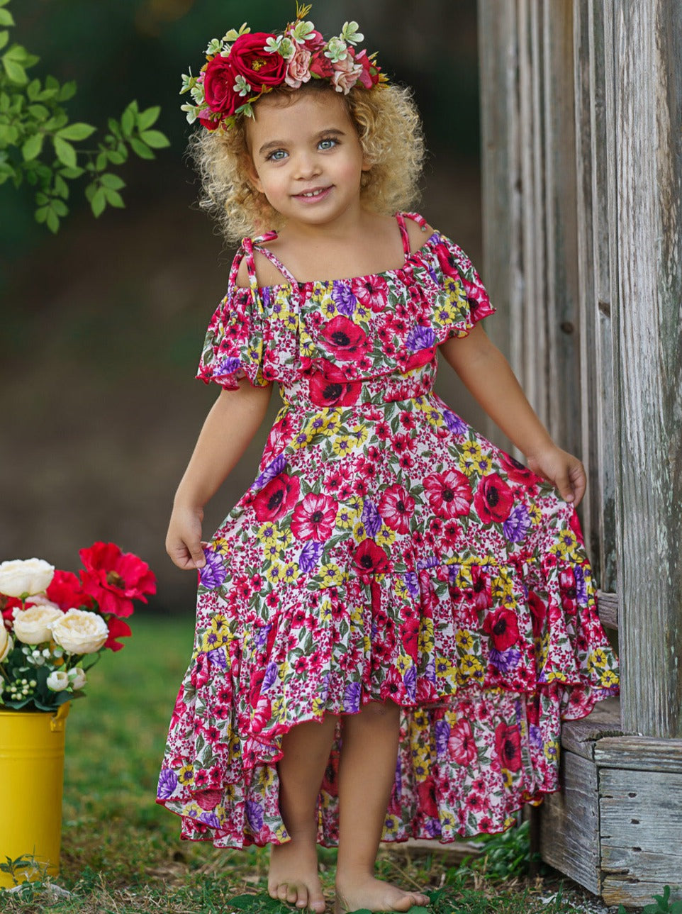 Kids Spring Clothes | Floral Ruffle Bib Cold Shoulder Hi-Lo Sundress