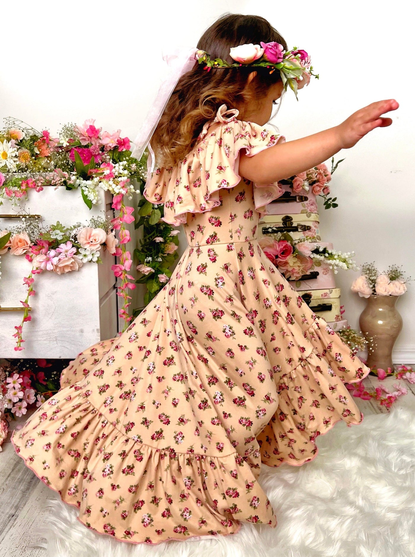 Kids Spring Clothes | Floral Ruffle Bib Cold Shoulder Hi-Lo Sundress