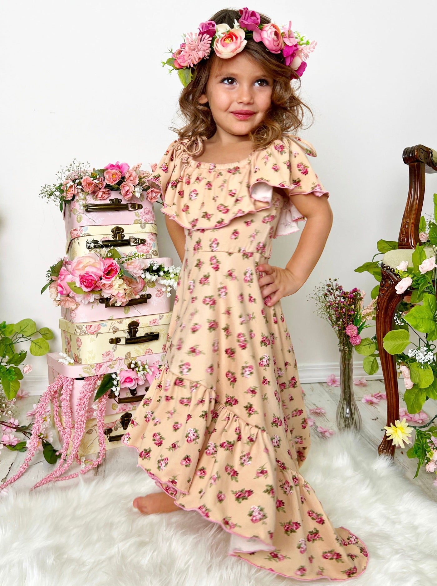 Kids Spring Clothes | Floral Ruffle Bib Cold Shoulder Hi-Lo Sundress