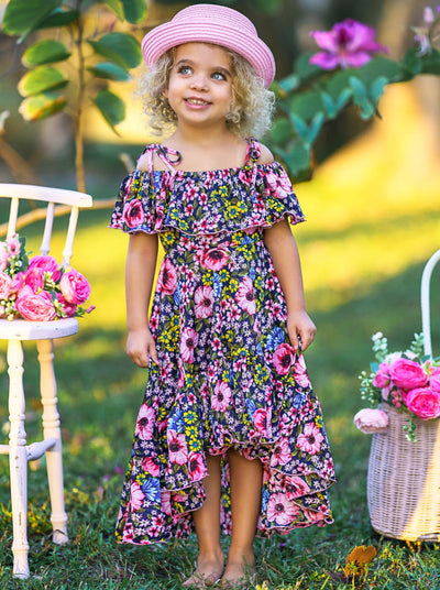 Kids Spring Clothes | Floral Ruffle Bib Cold Shoulder Hi-Lo Sundress