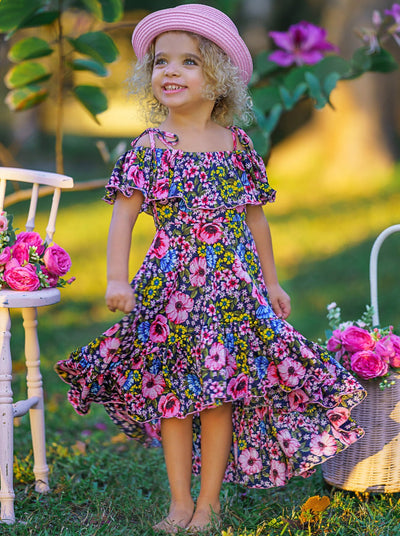 Kids Spring Clothes | Floral Ruffle Bib Cold Shoulder Hi-Lo Sundress