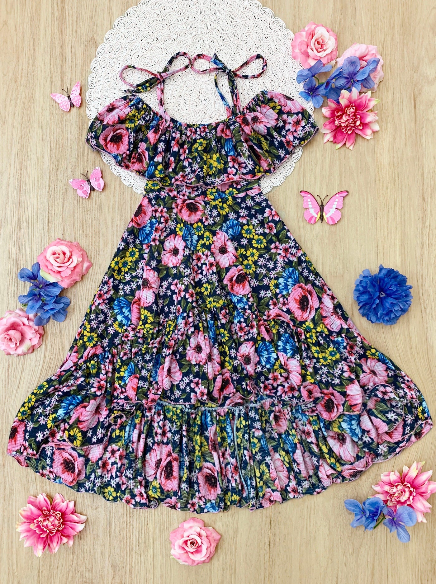 Kids Spring Clothes | Floral Ruffle Bib Cold Shoulder Hi-Lo Sundress