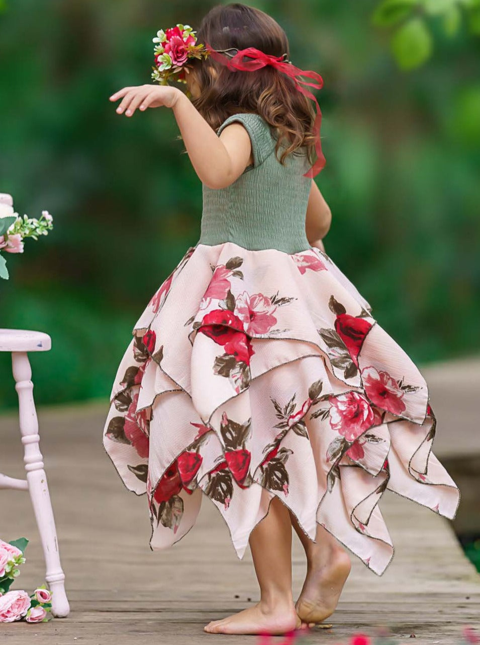 Toddler Spring Dresses | Girls Olive Floral Smocked Handkerchief Dress