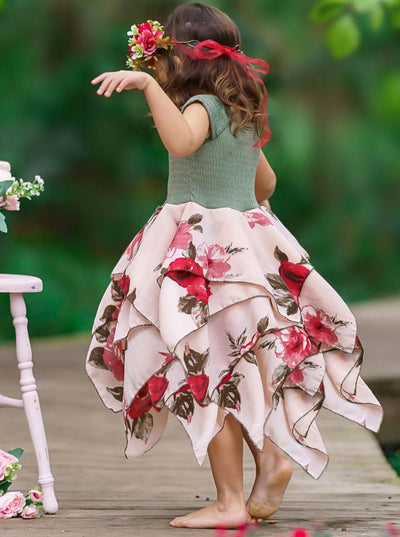 Toddler Spring Dresses | Girls Olive Floral Smocked Handkerchief Dress