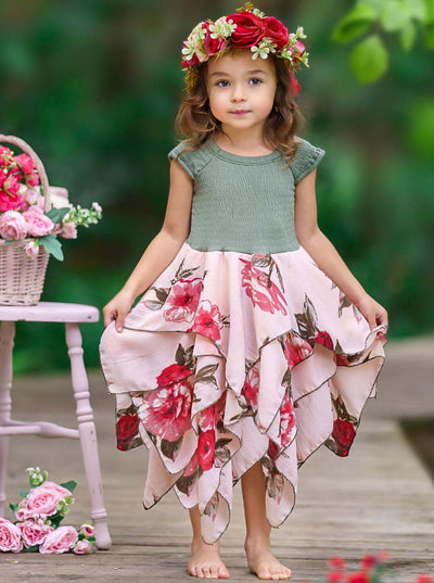 Toddler Spring Dresses | Girls Olive Floral Smocked Handkerchief Dress