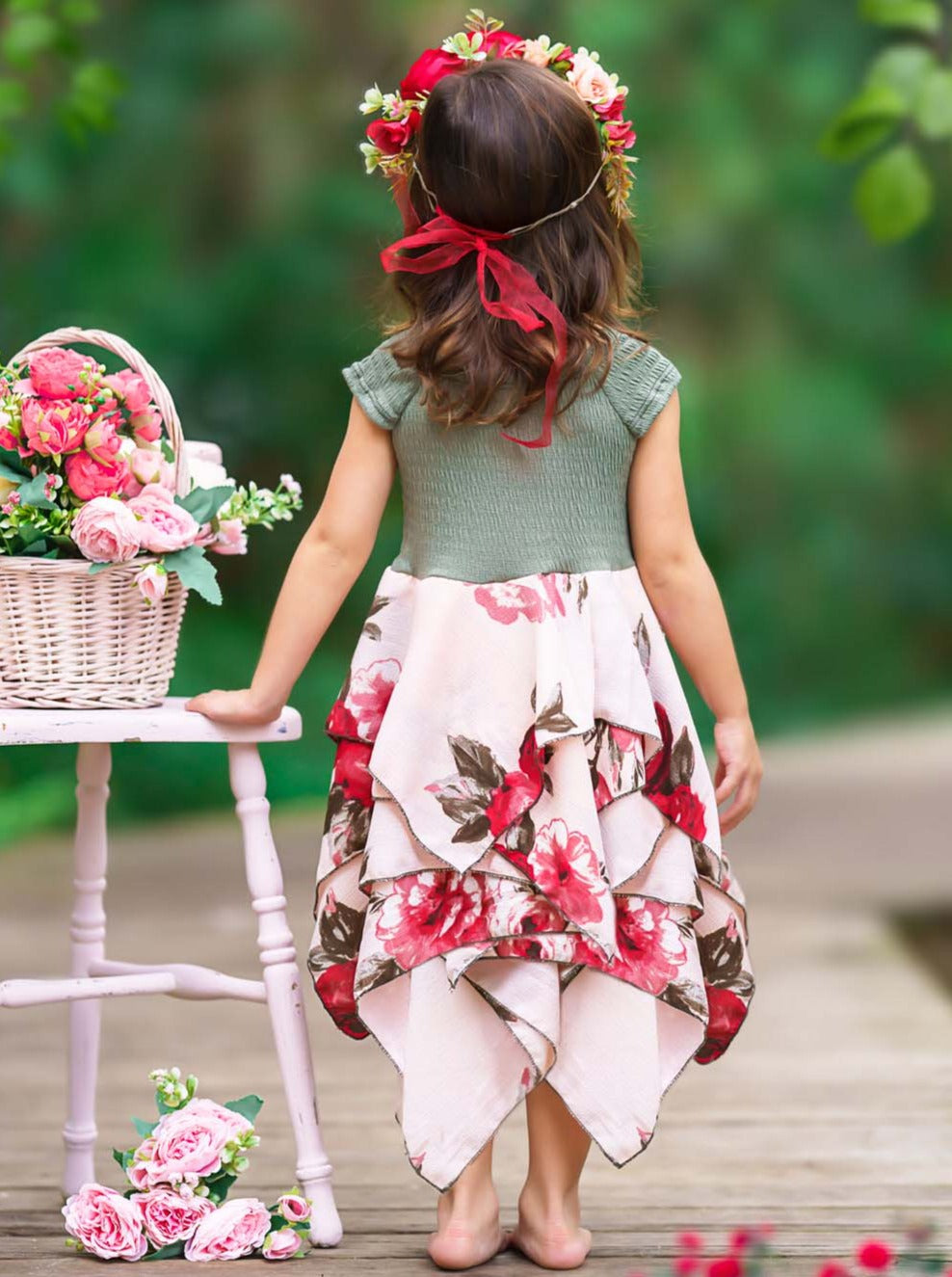 Toddler Spring Dresses | Girls Olive Floral Smocked Handkerchief Dress