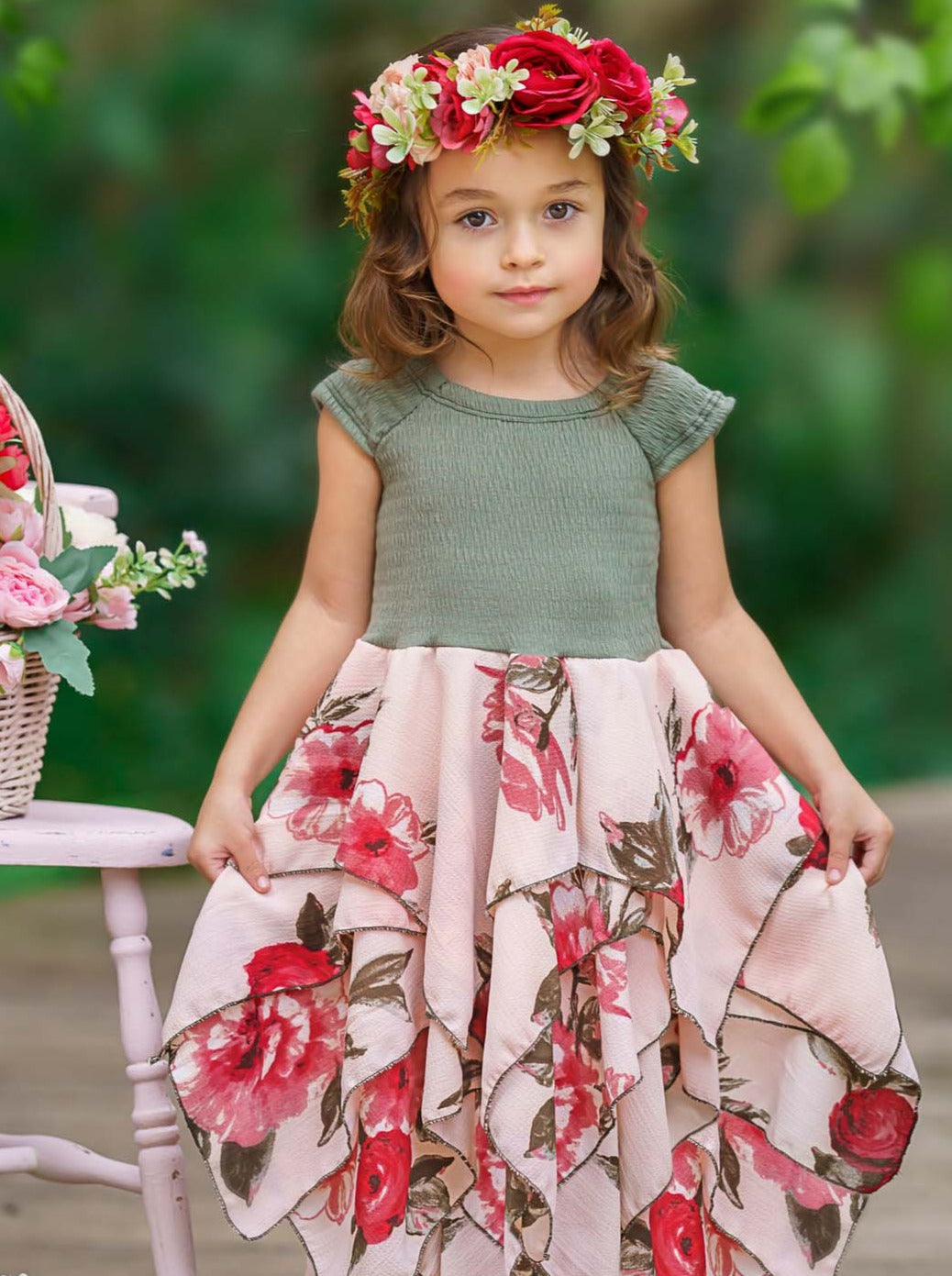 Toddler Spring Dresses | Girls Olive Floral Smocked Handkerchief Dress