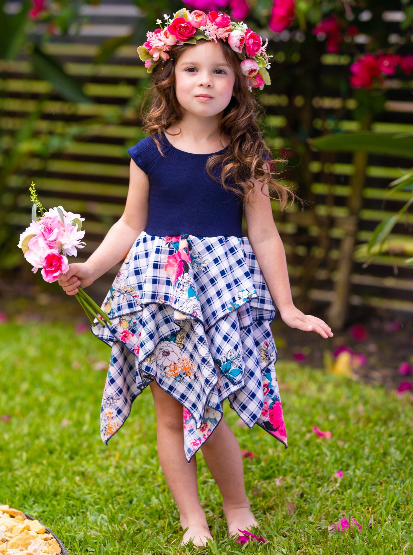 Toddler Spring Dresses | Girls Floral Plaid Smocked Handkerchief Dress