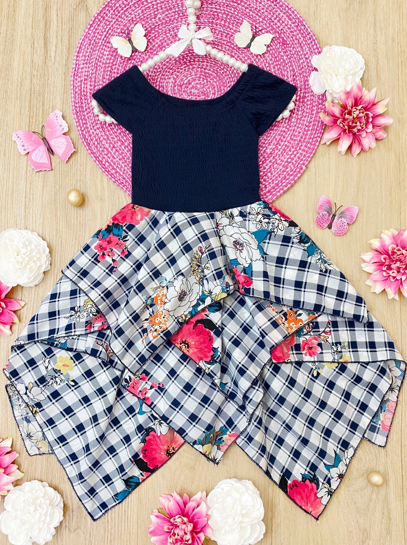 Toddler Spring Dresses | Girls Floral Plaid Smocked Handkerchief Dress