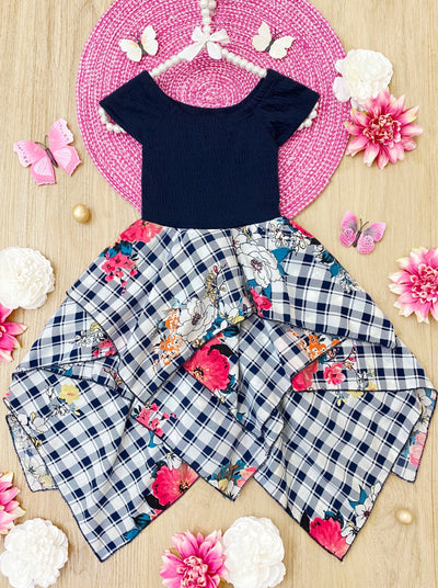 Toddler Spring Dresses | Girls Floral Plaid Smocked Handkerchief Dress