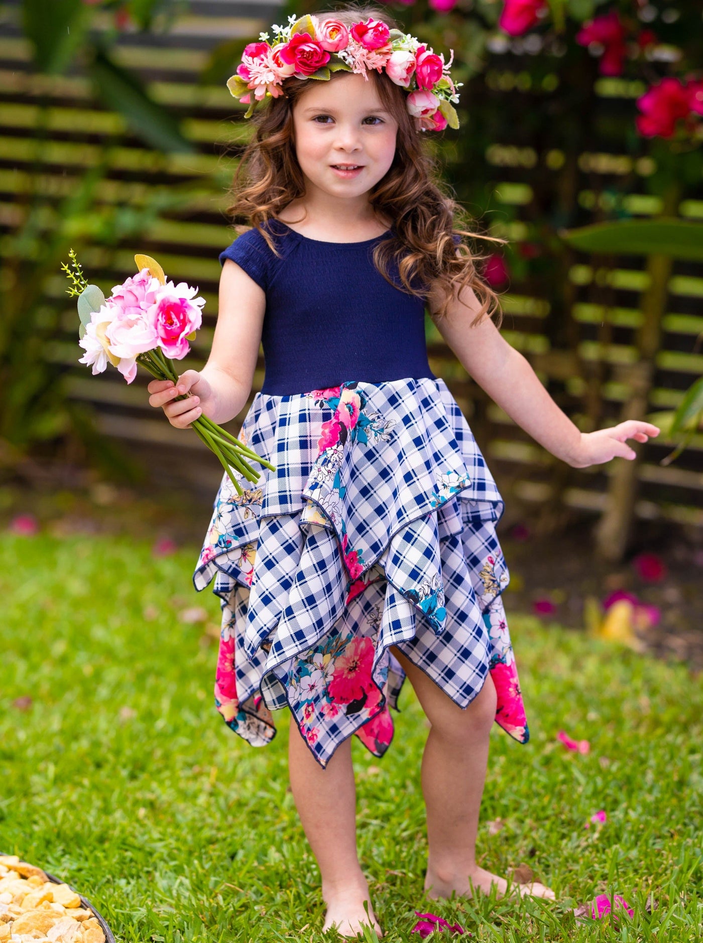 Toddler Spring Dresses | Girls Floral Plaid Smocked Handkerchief Dress