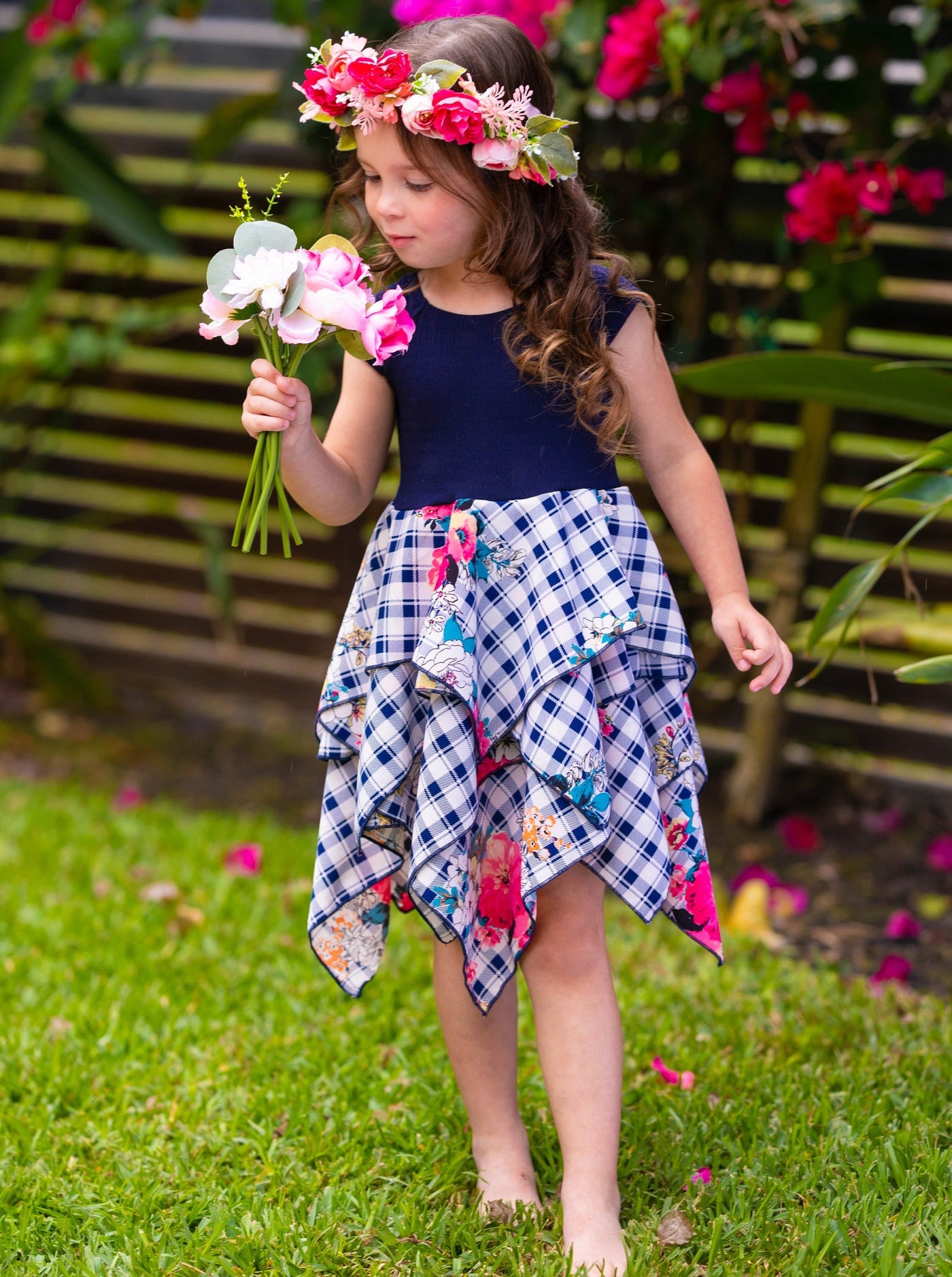 Toddler Spring Dresses | Girls Floral Plaid Smocked Handkerchief Dress