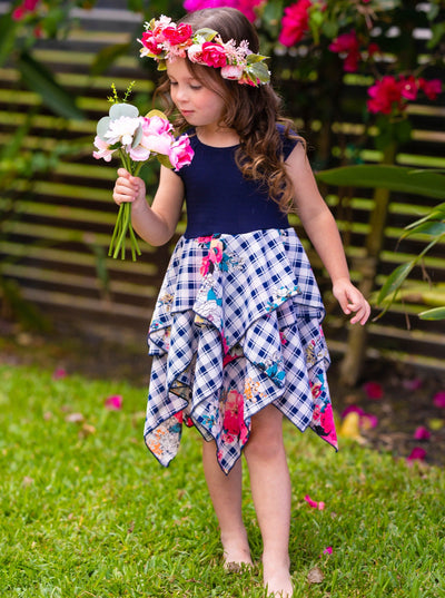 Toddler Spring Dresses | Girls Floral Plaid Smocked Handkerchief Dress