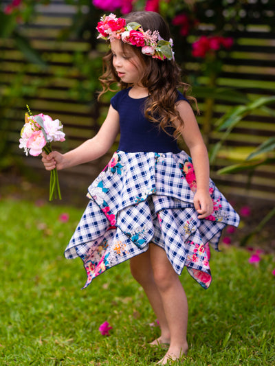 Toddler Spring Dresses | Girls Floral Plaid Smocked Handkerchief Dress