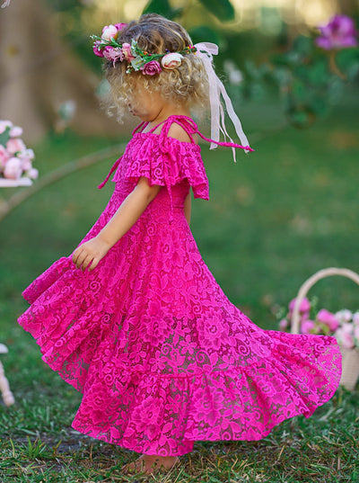 Toddler Spring Dress | Girls Hot Pink Cold Shoulder Maxi Lace Sundress