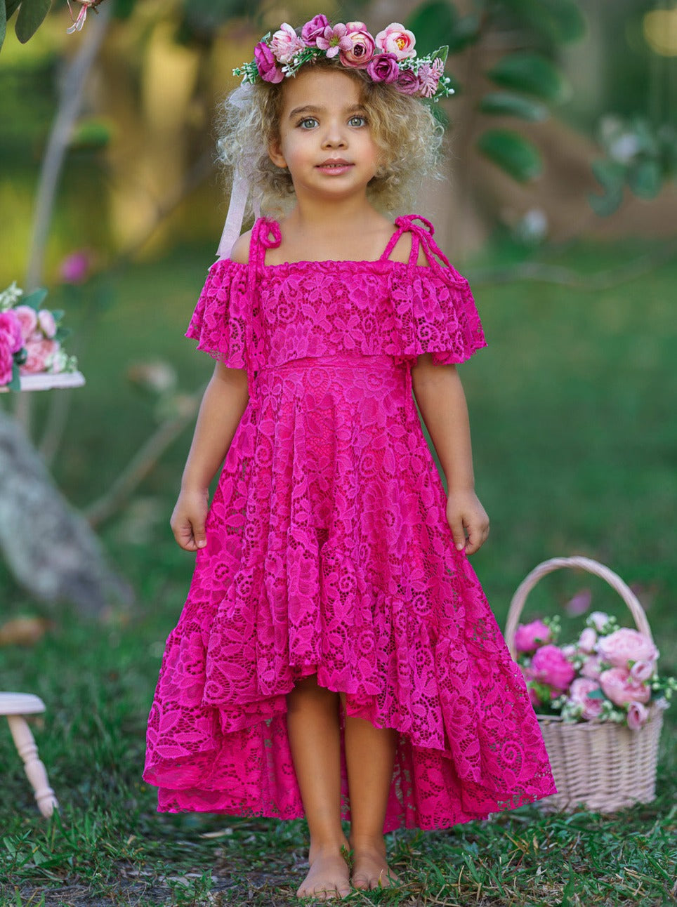 Toddler Spring Dress | Girls Hot Pink Cold Shoulder Maxi Lace Sundress