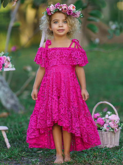 Toddler Spring Dress | Girls Hot Pink Cold Shoulder Maxi Lace Sundress
