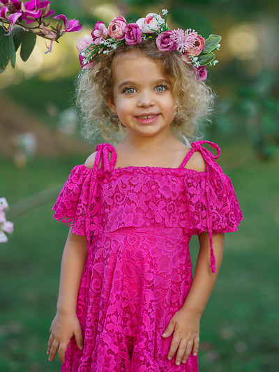 Toddler Spring Dress | Girls Hot Pink Cold Shoulder Maxi Lace Sundress