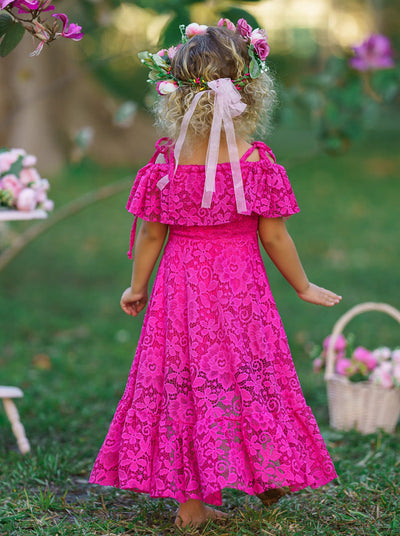 Toddler Spring Dress | Girls Hot Pink Cold Shoulder Maxi Lace Sundress