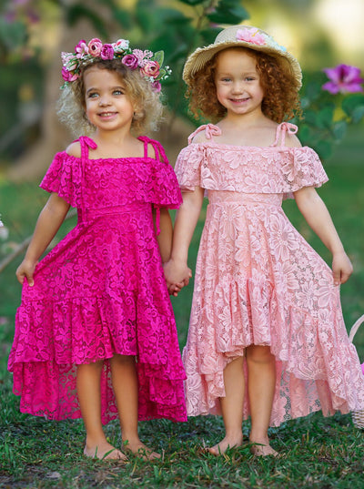 Toddler Spring Dress | Girls Hot Pink Cold Shoulder Maxi Lace Sundress