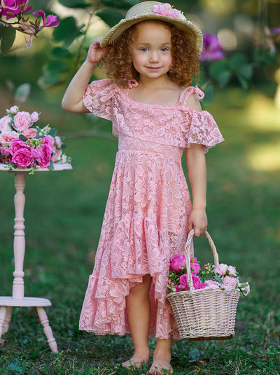 Toddler Spring Dress | Girls Pink Cold Shoulder Maxi Lace Sundress