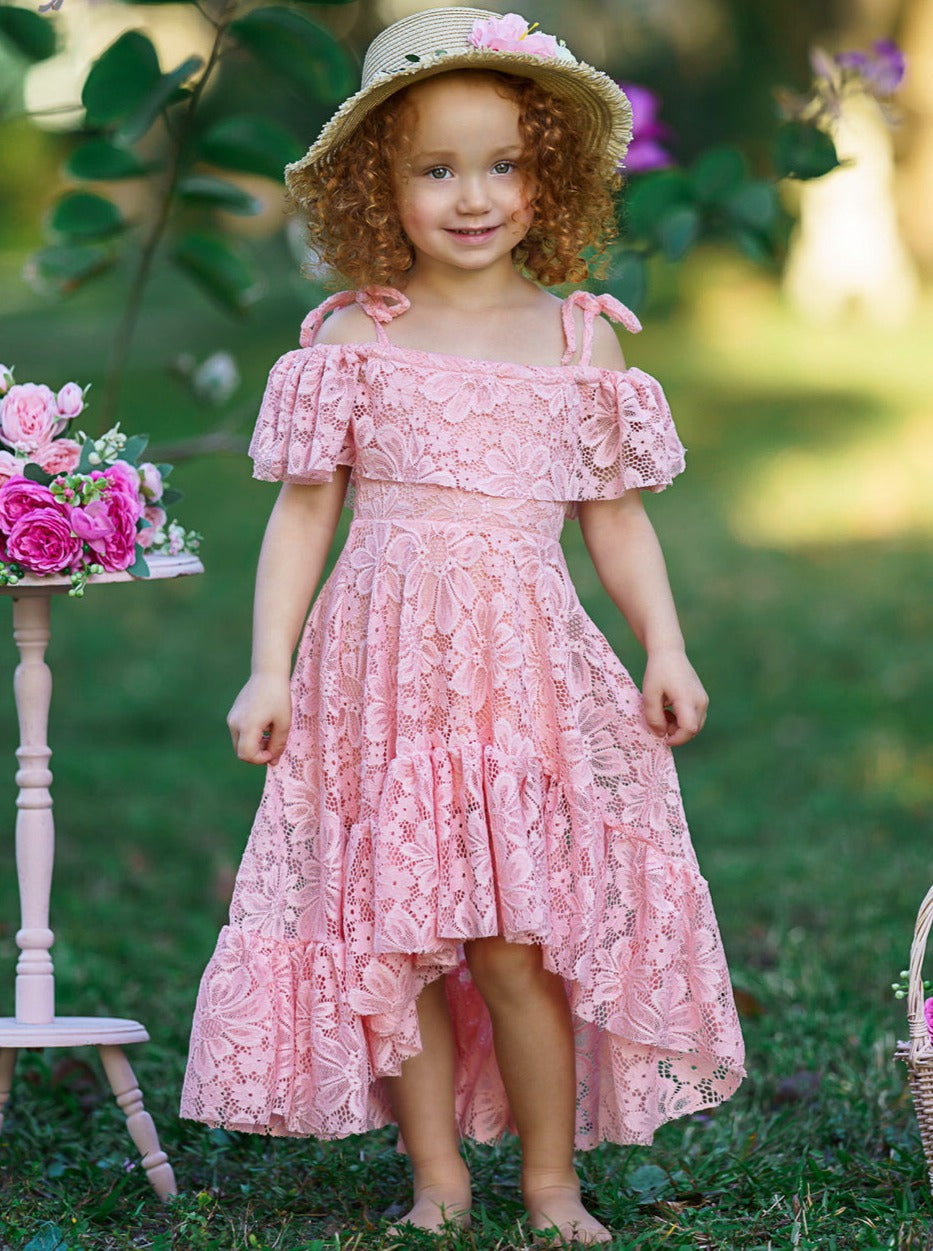 Toddler Spring Dress | Girls Pink Cold Shoulder Maxi Lace Sundress