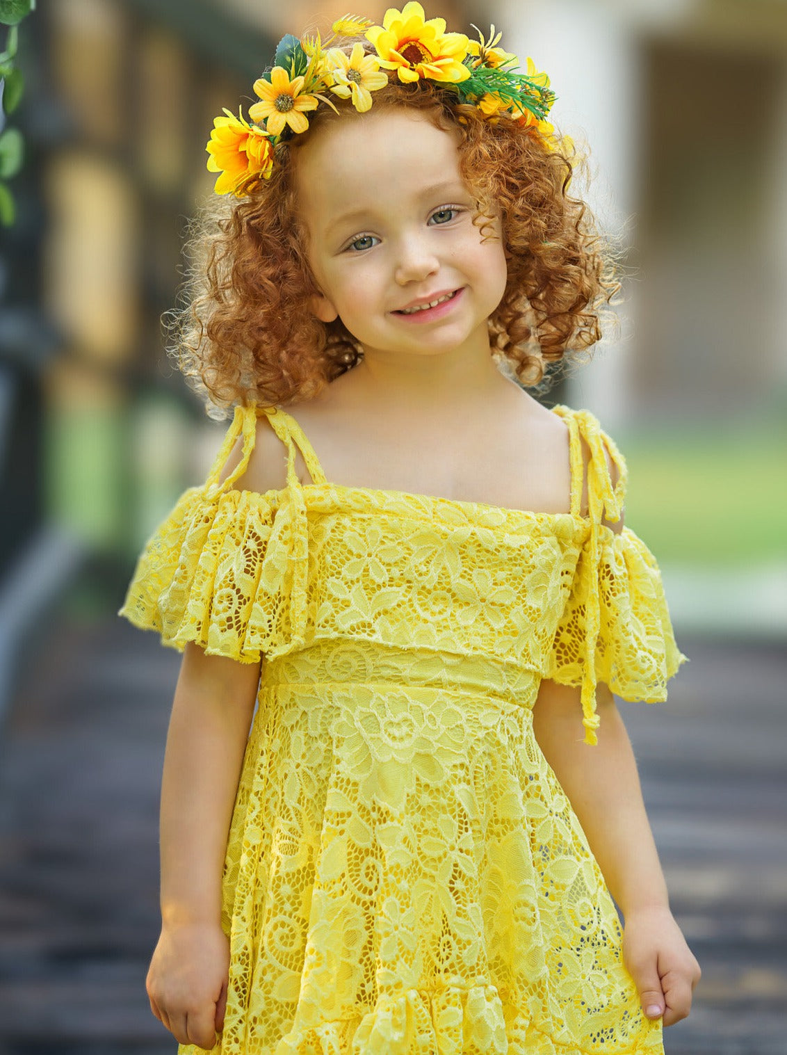 Toddler Spring Dress | Girls Yellow Cold Shoulder Maxi Lace Sundress