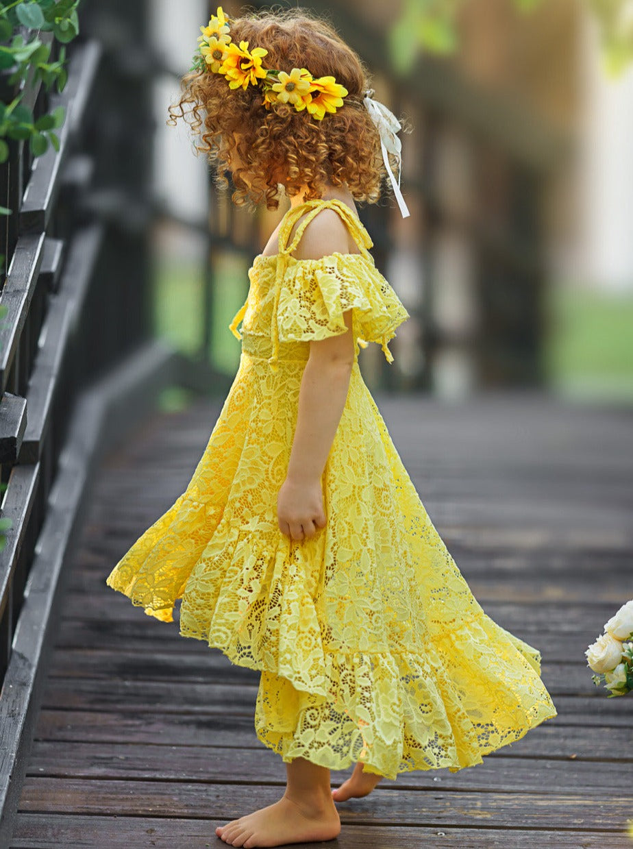 Toddler Spring Dress | Girls Yellow Cold Shoulder Maxi Lace Sundress