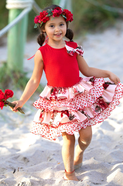 Cute Spring Dresses | Girls Tank Floral Polka Dot Tiered Ruffle Dress