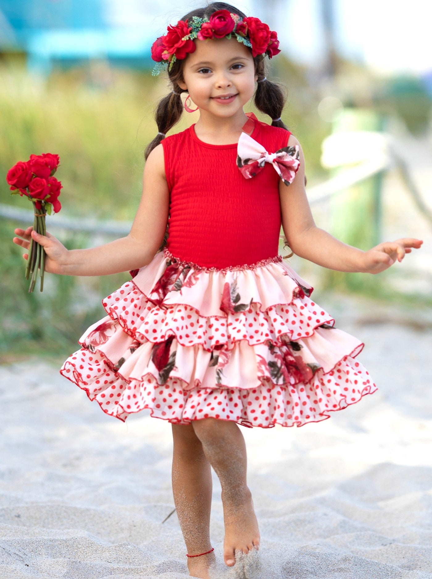 Cute Spring Dresses | Girls Tank Floral Polka Dot Tiered Ruffle Dress
