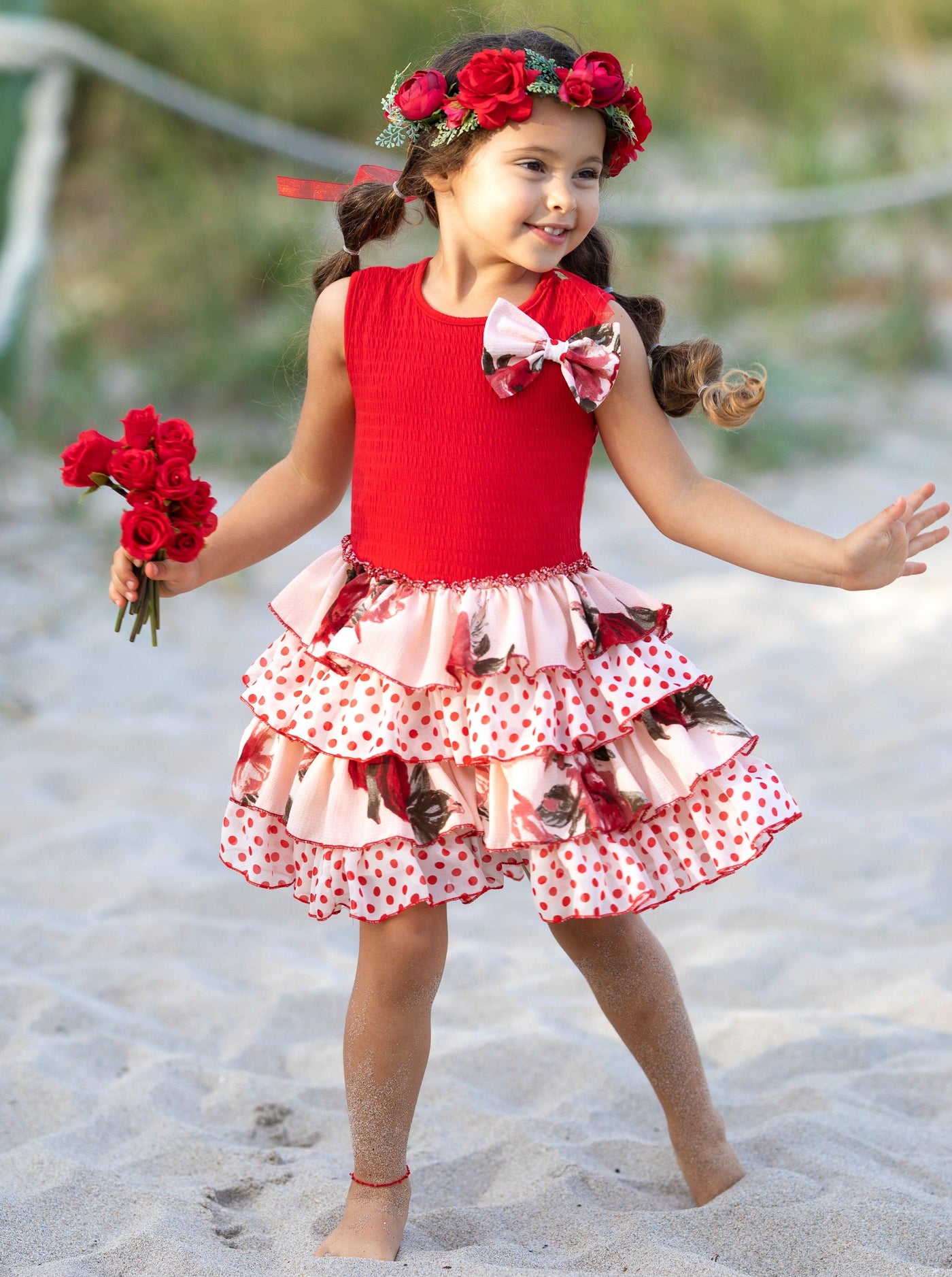 Cute Spring Dresses | Girls Tank Floral Polka Dot Tiered Ruffle Dress