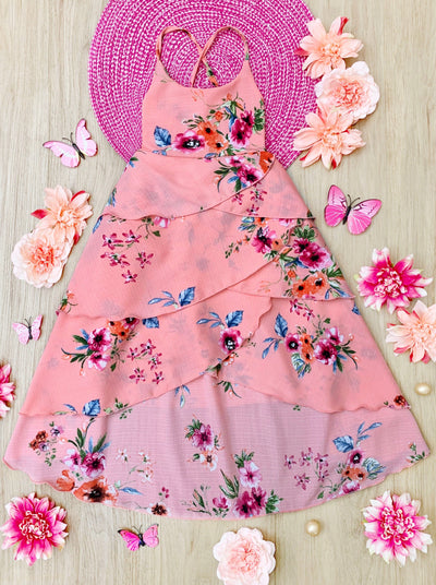 Toddler Spring Dresses | Girls Sleeveless Coral Floral Tiered Dress