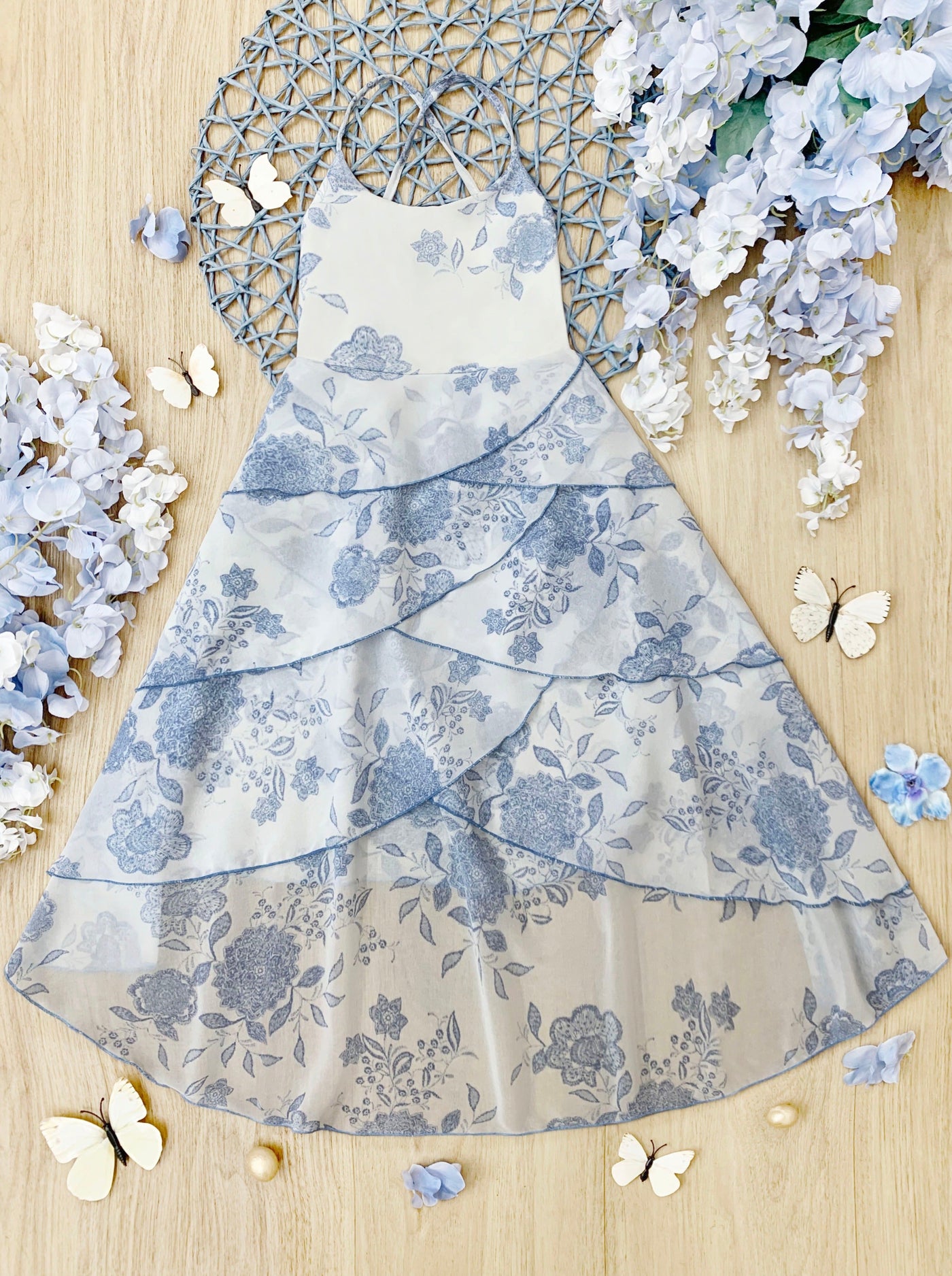 Toddler Spring Dresses | Girls Sleeveless Blue Floral Tiered Dress