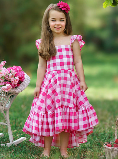 Girls Spring Dresses | Pink Plaid Hi Lo Ruffle Dress | Mia Belle Girls