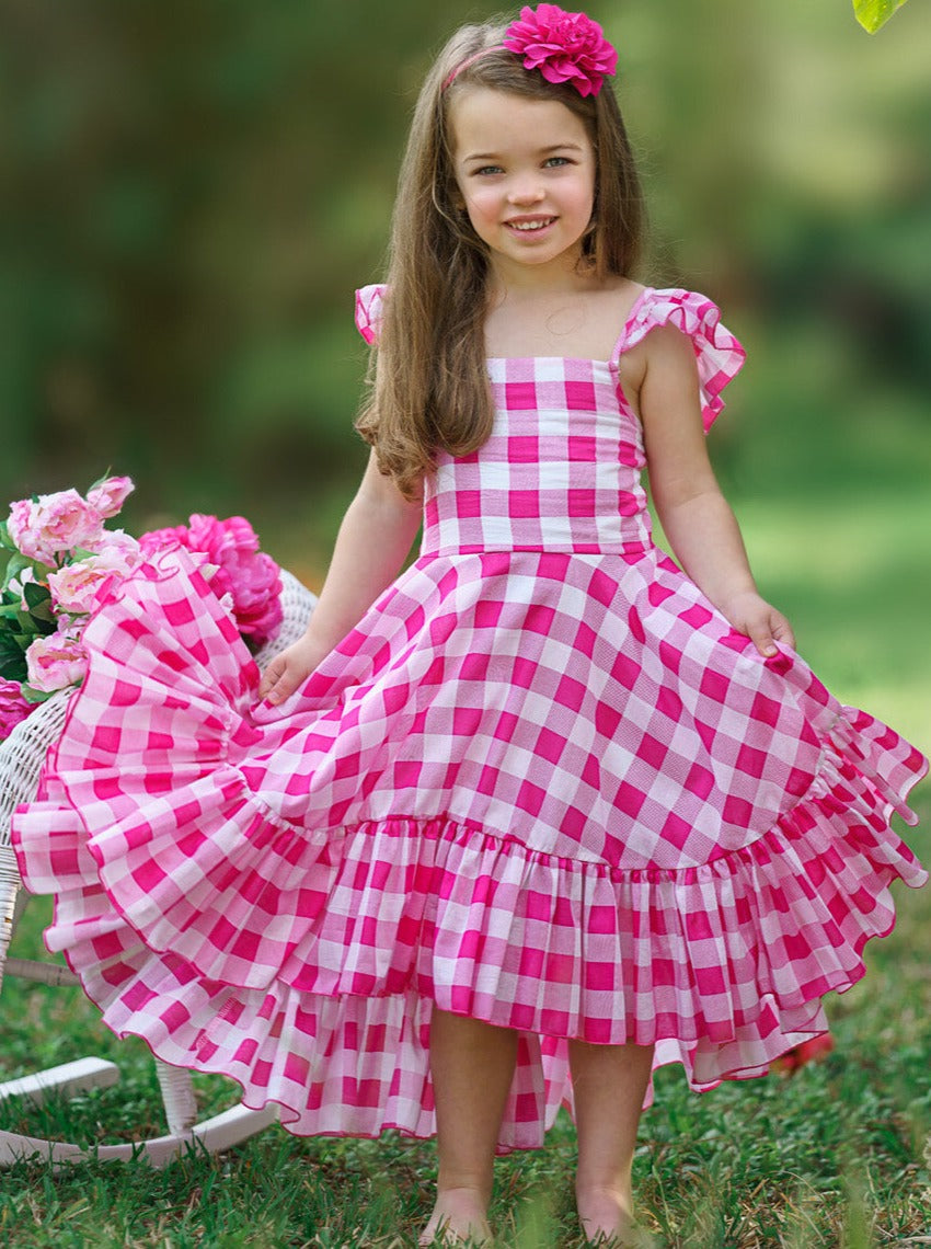 Girls Spring Dresses | Pink Plaid Hi Lo Ruffle Dress | Mia Belle Girls