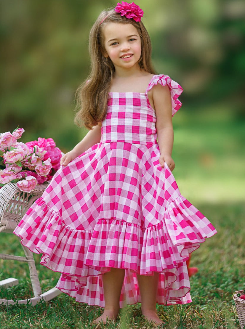 Girls Spring Dresses | Pink Plaid Hi Lo Ruffle Dress | Mia Belle Girls
