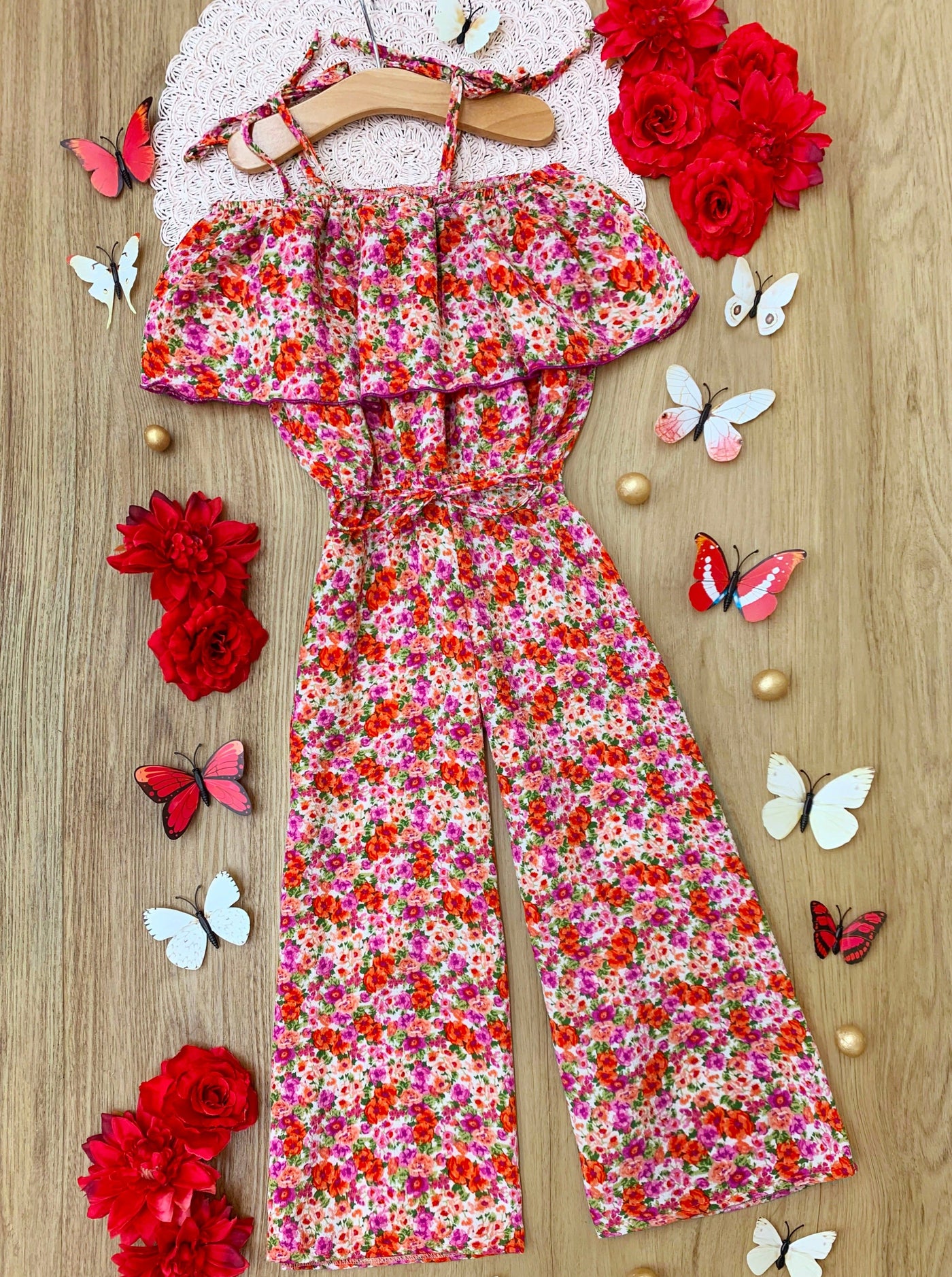 Spring Toddler Outfit | Girls Calico Flower Cold Shoulder Jumpsuit