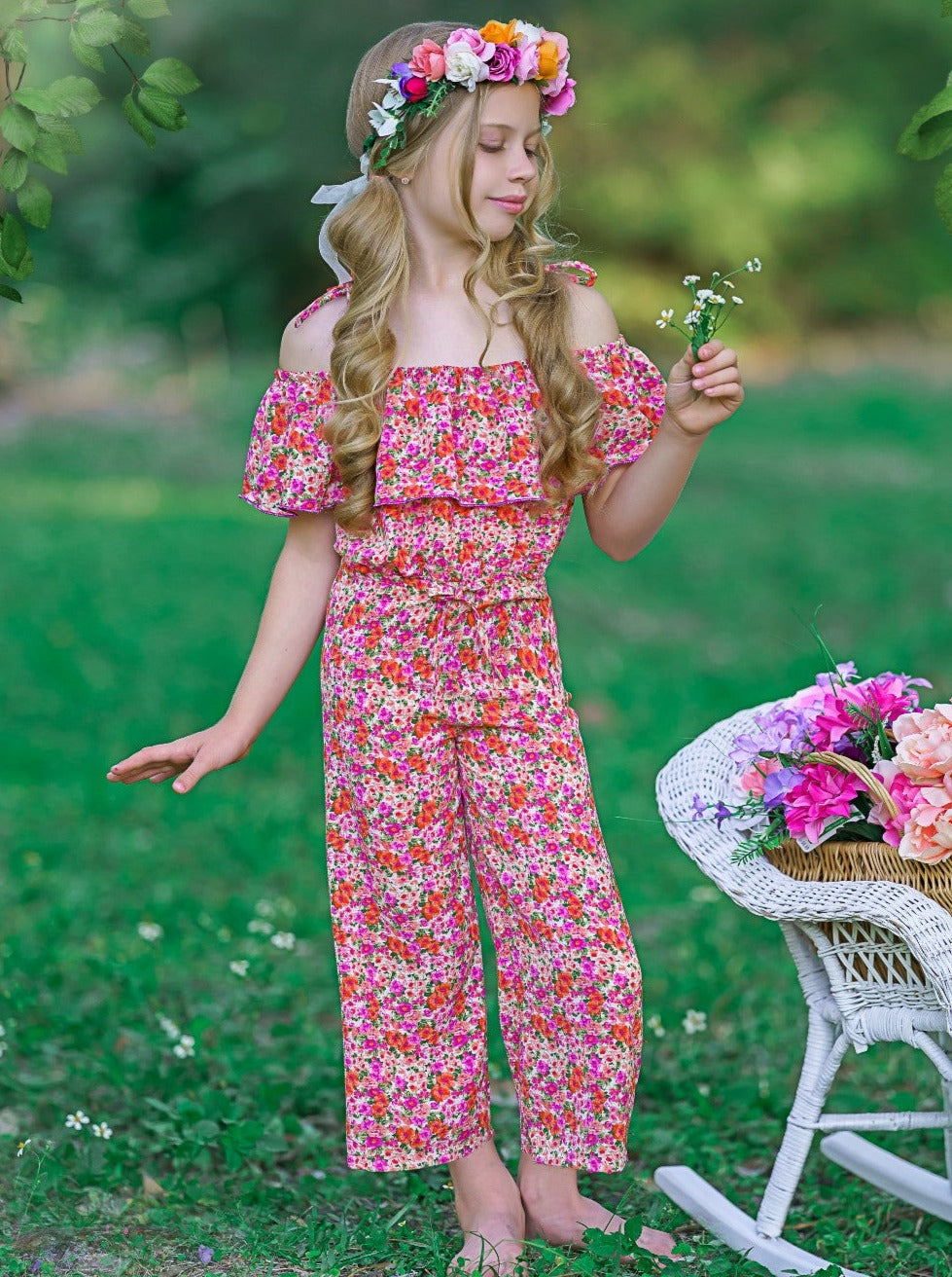 Spring Toddler Outfit | Girls Calico Flower Cold Shoulder Jumpsuit