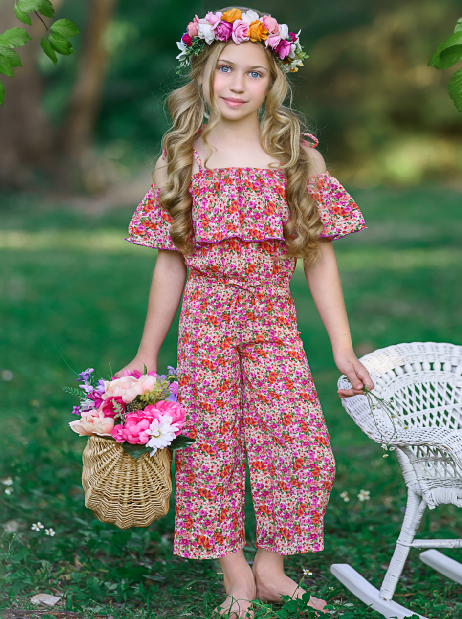 Spring Toddler Outfit | Girls Calico Flower Cold Shoulder Jumpsuit