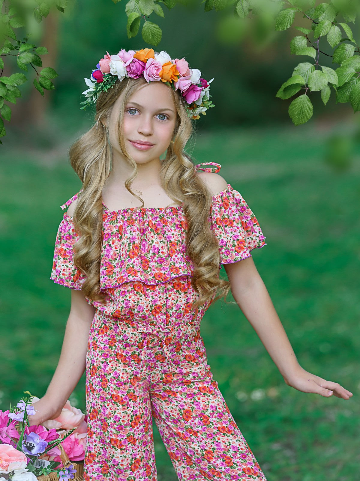 Spring Toddler Outfit | Girls Calico Flower Cold Shoulder Jumpsuit