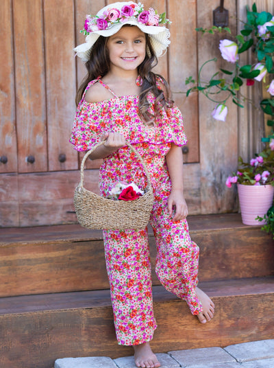 Spring Toddler Outfit | Girls Calico Flower Cold Shoulder Jumpsuit