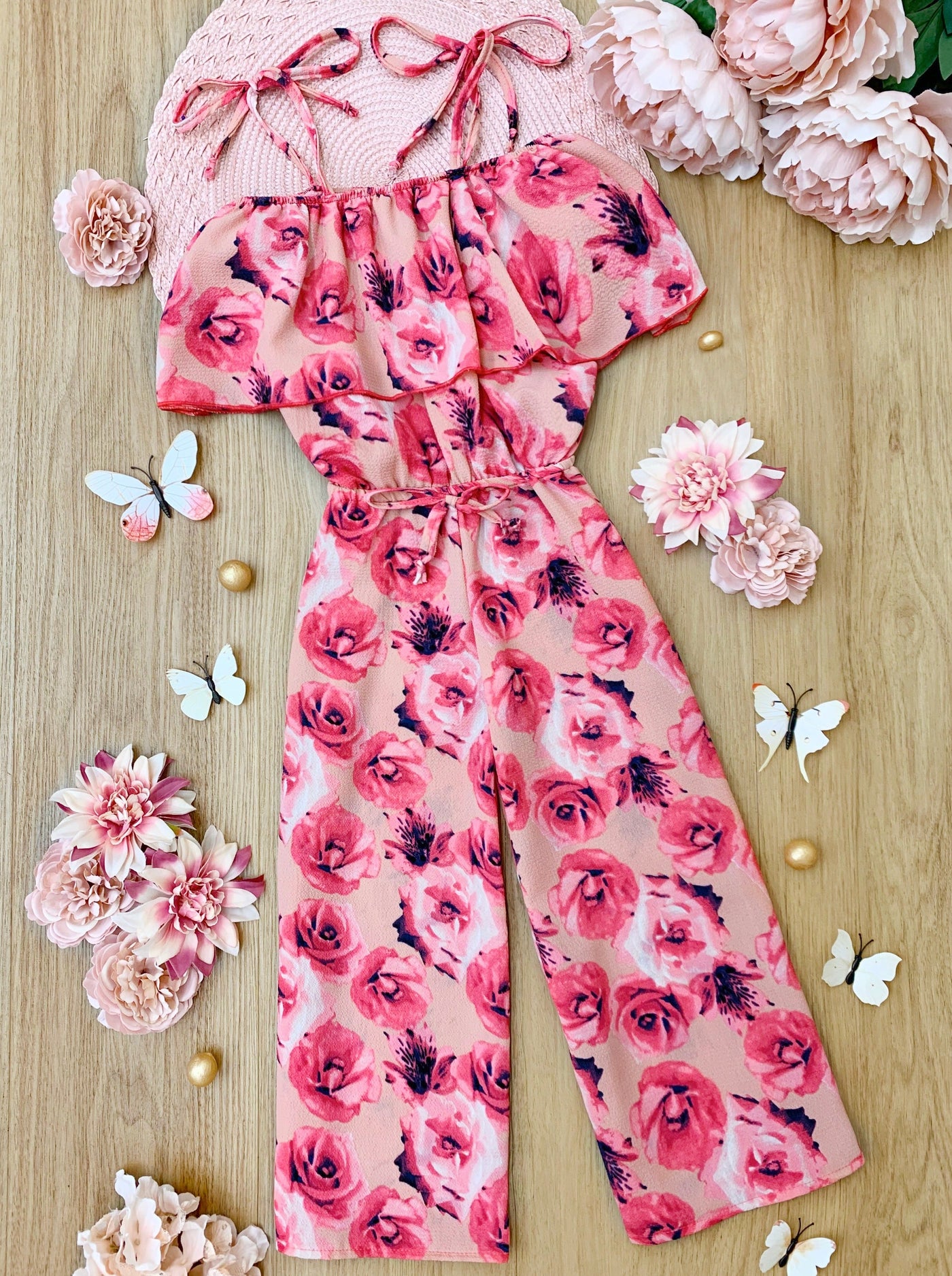 Spring Toddler Outfit | Girls Floral Cold Shoulder Ruffle Bib Jumpsuit