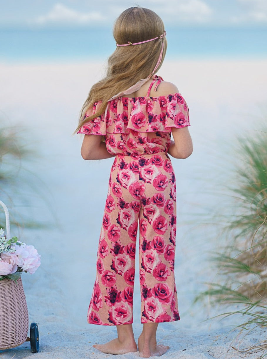 Spring Toddler Outfit | Girls Floral Cold Shoulder Ruffle Bib Jumpsuit
