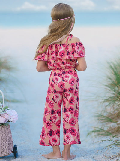 Spring Toddler Outfit | Girls Floral Cold Shoulder Ruffle Bib Jumpsuit