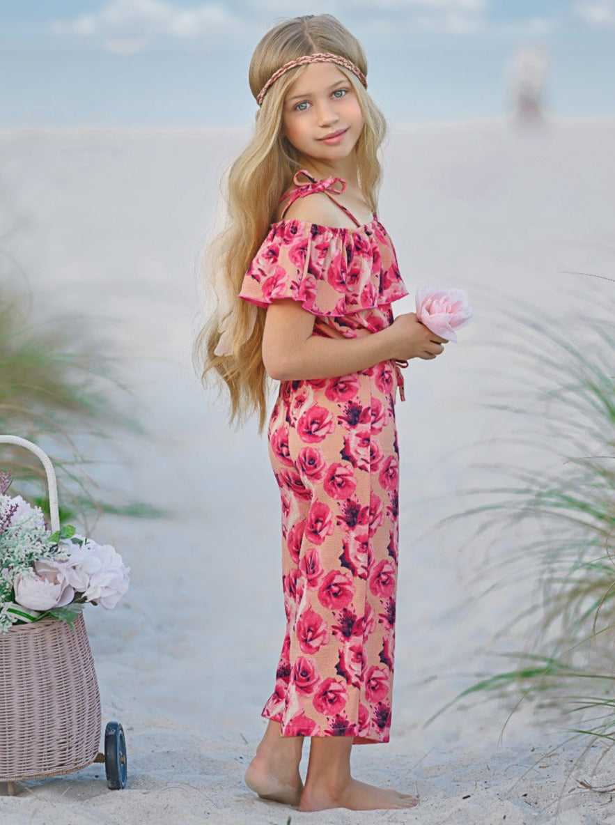 Spring Toddler Outfit | Girls Floral Cold Shoulder Ruffle Bib Jumpsuit