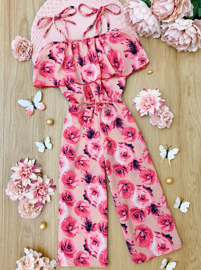 Spring Toddler Outfit | Girls Floral Cold Shoulder Ruffle Bib Jumpsuit