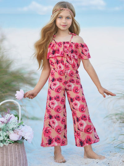 Spring Toddler Outfit | Girls Floral Cold Shoulder Ruffle Bib Jumpsuit