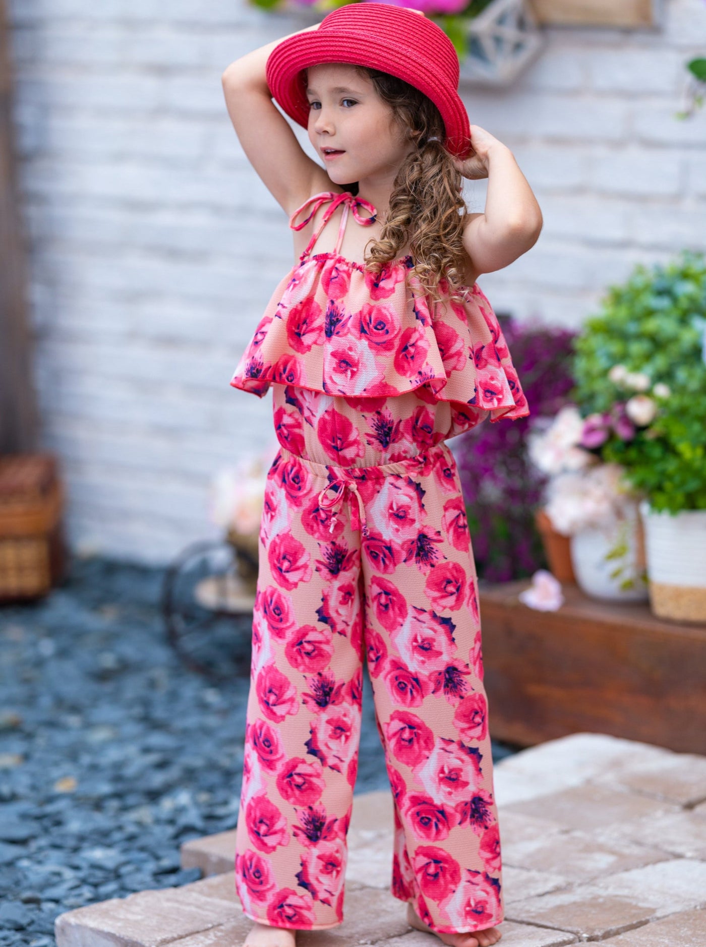Spring Toddler Outfit | Girls Floral Cold Shoulder Ruffle Bib Jumpsuit