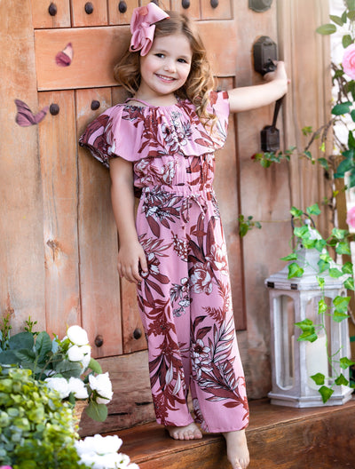 Girls Tropical Princess Cold Shoulder Ruched Bodice Jumpsuit